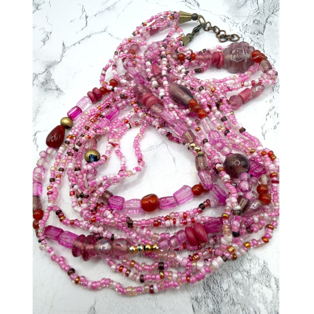 Pink 5 Strand Beaded Necklace Glass Beads Gold Bubblegum Barbiecore 30" - Picture 4 of 8